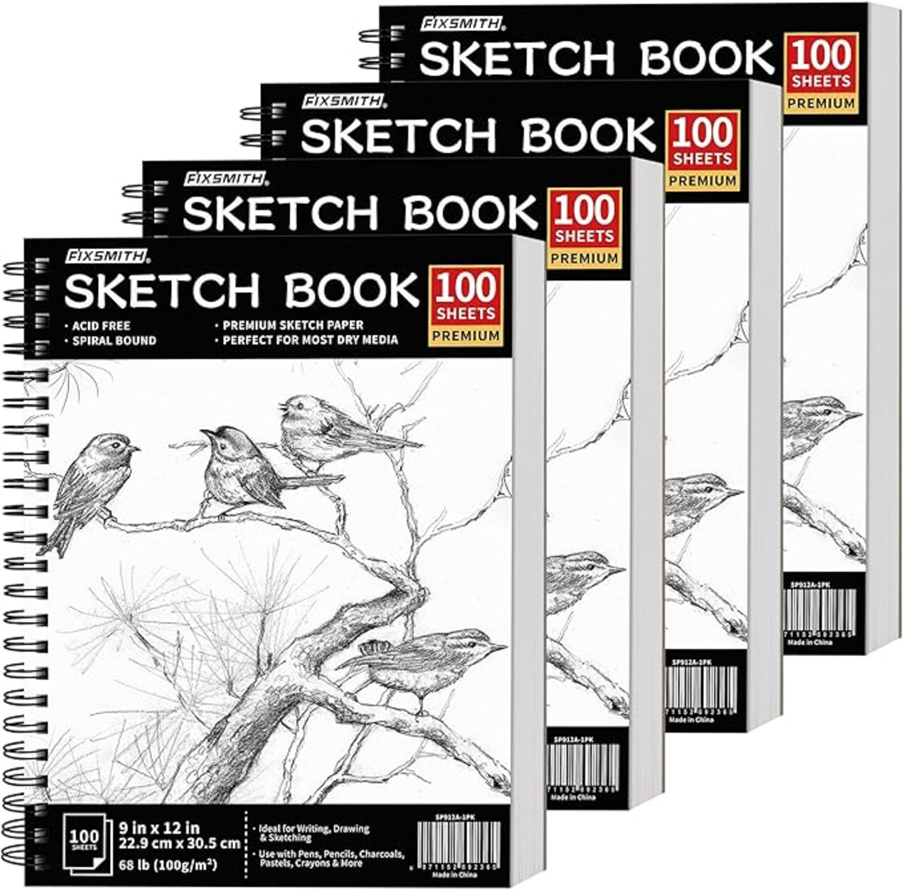 9"X12" Sketch Book 400 Sheets 68 lb/100gsm Bright White (Black) 9x12 inch